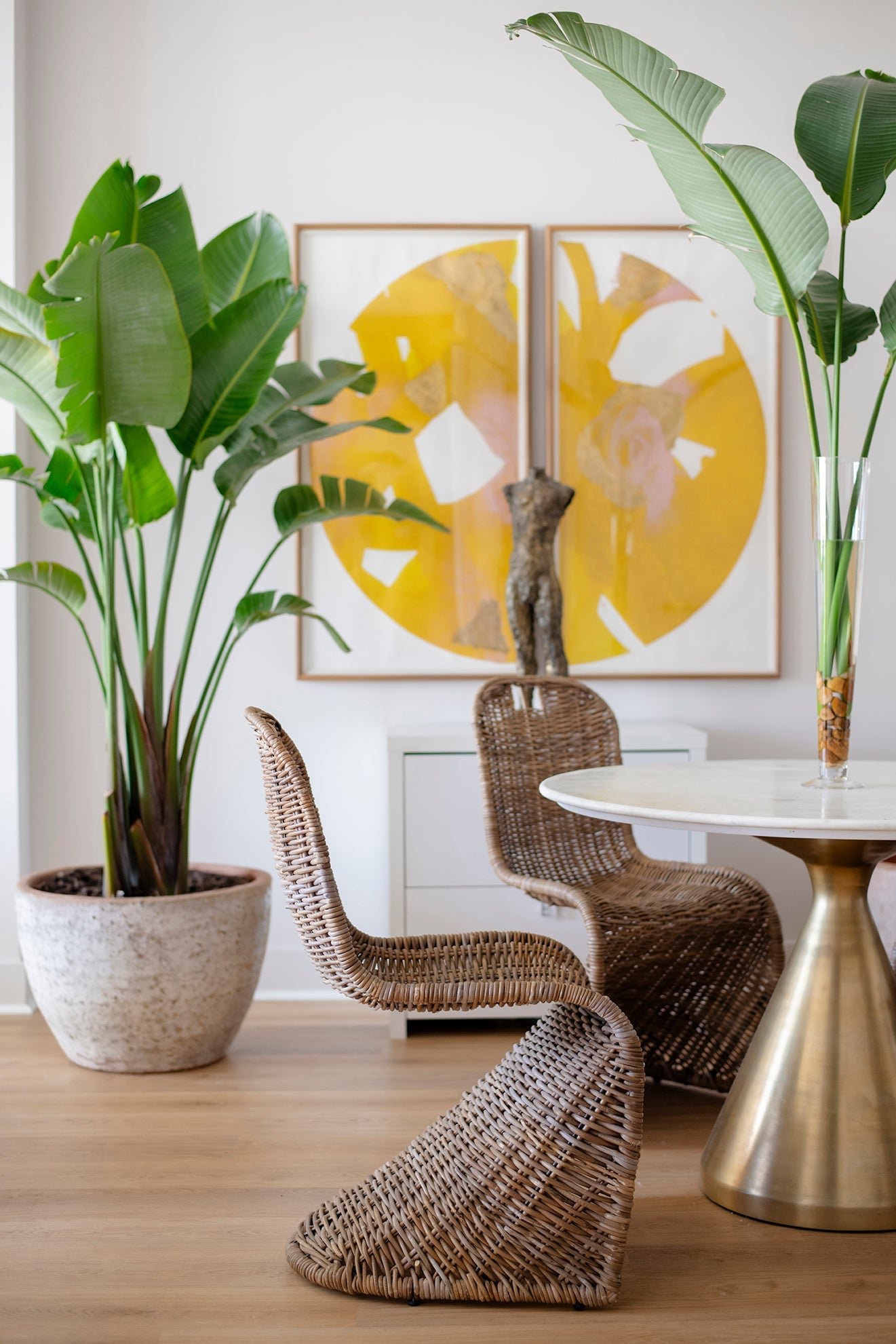 Bohemian Muse dining room detail with woven rattan, layered natural textures and warm earth tones — boho luxury interior design by Rachel Blindauer