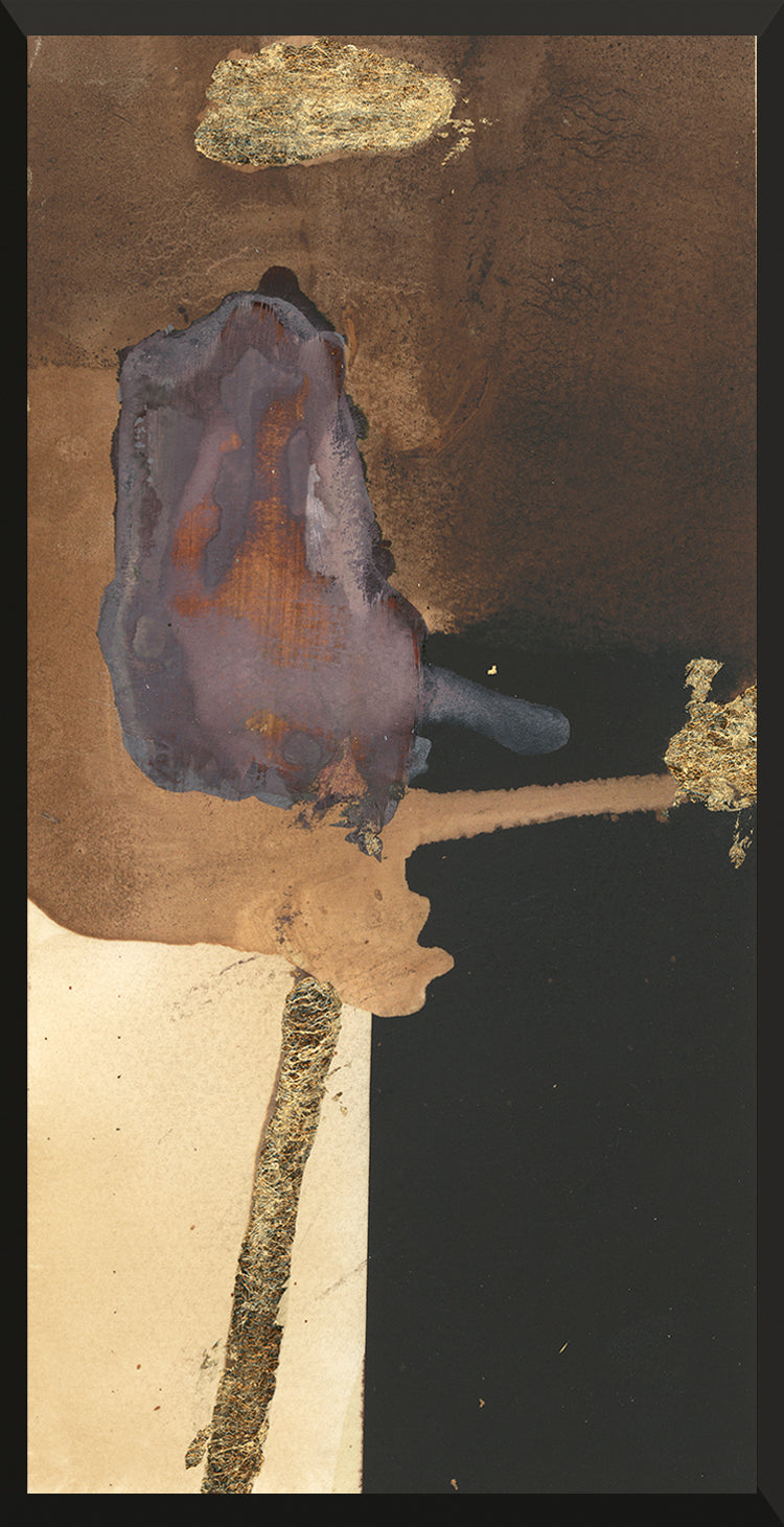 Vertical abstract painting in warm amber, copper, and sienna tones
