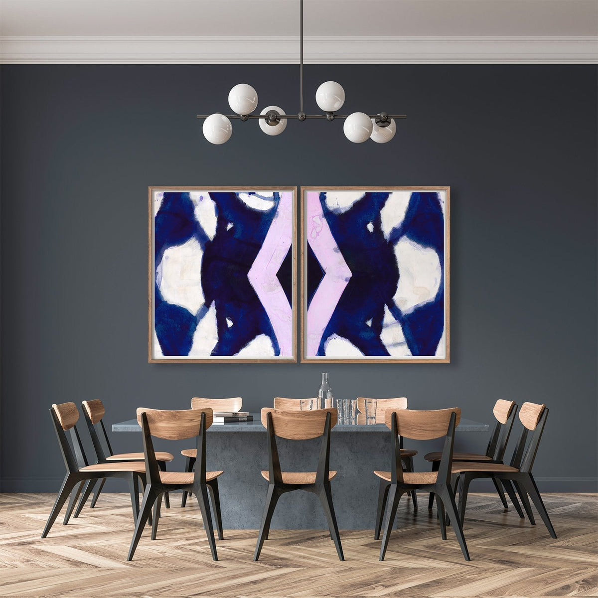 Two-panel abstract diptych painting in cobalt and indigo blue