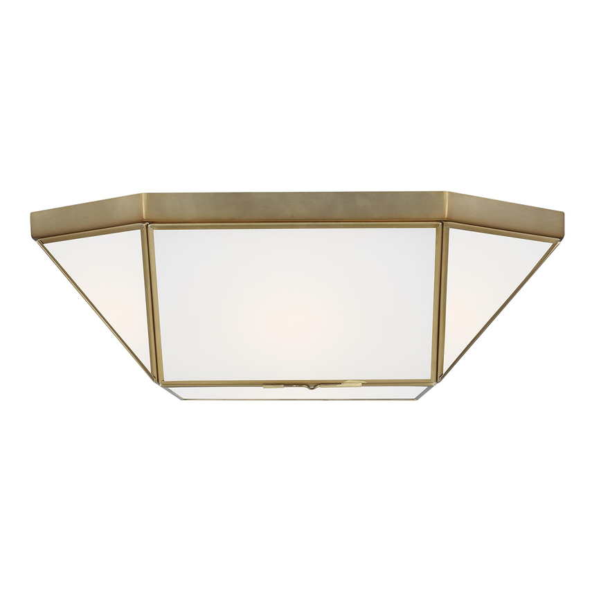 Satin brass octagonal flush mount ceiling light with smooth white diffuser—low-profile and elegant for hallways, baths, and entryways.