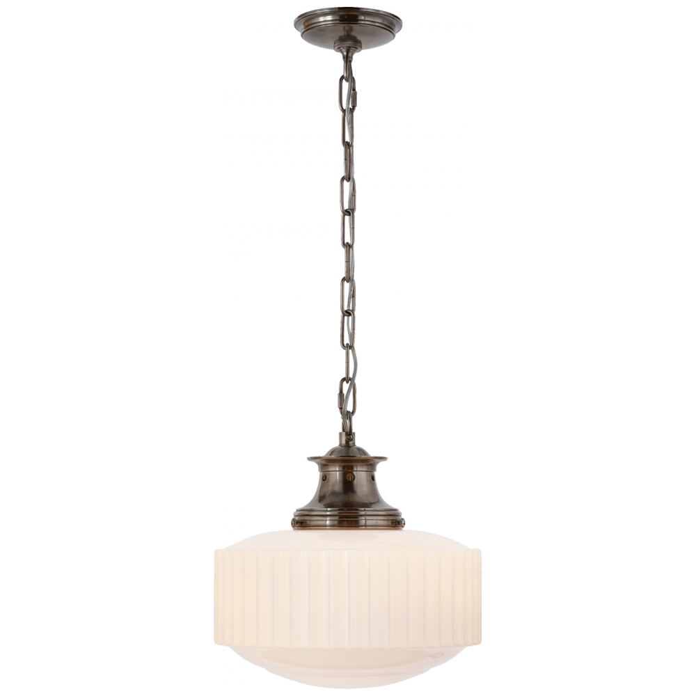 Mid-century inspired glass pendant light with curved white shade and brass accents, suspended by chain for soft, ambient illumination.