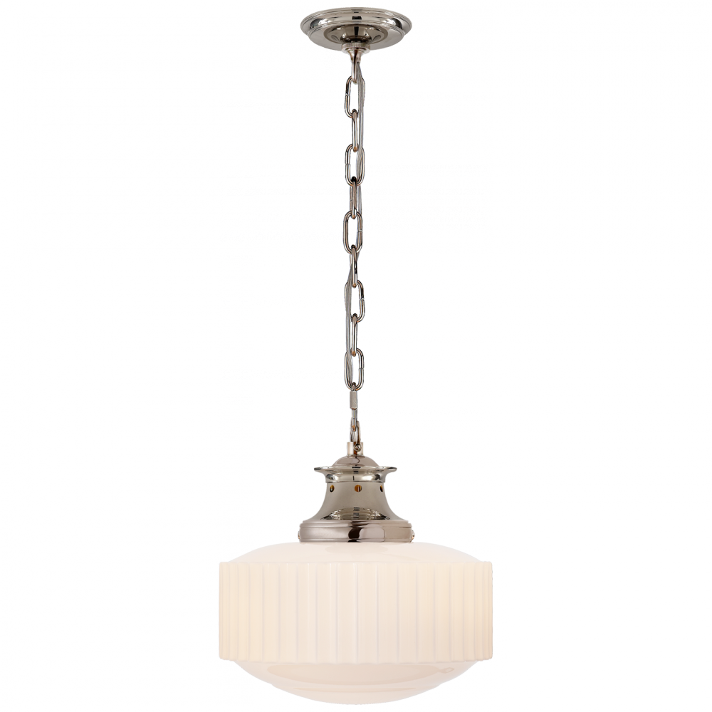 Mid-century inspired glass pendant light with curved white shade and brass accents, suspended by chain for soft, ambient illumination.