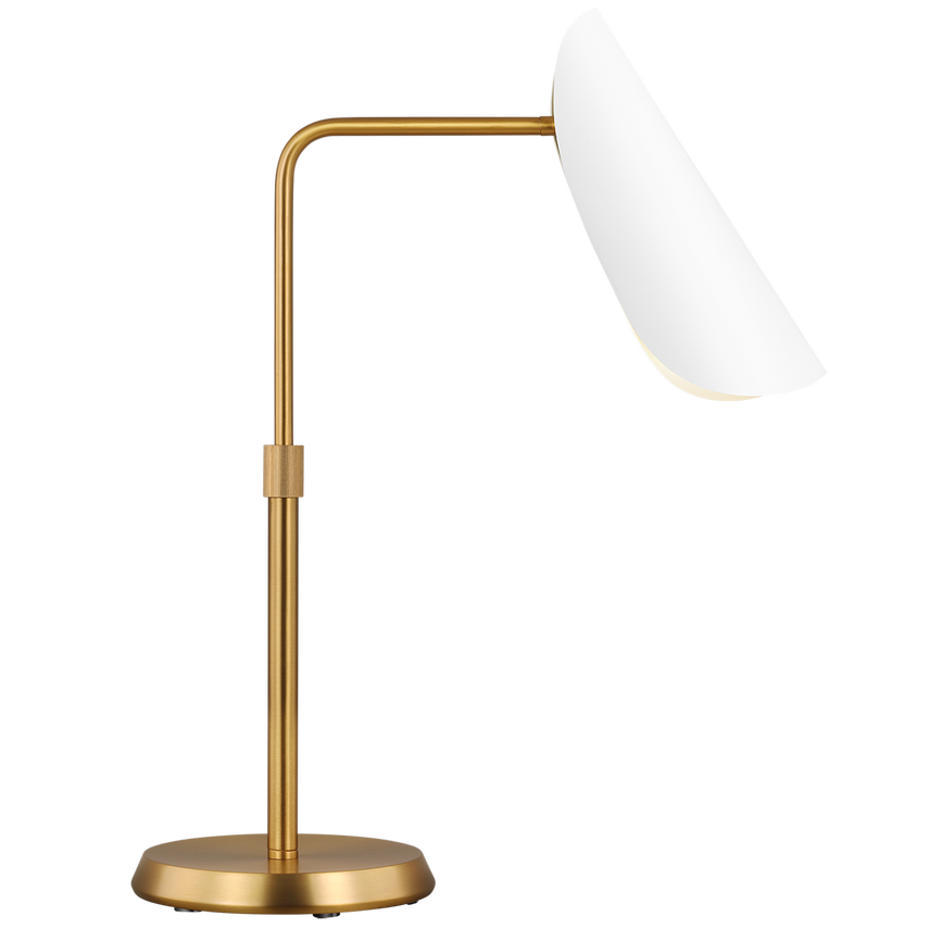 Astoria Task Lamp with matte white cone shade and brass base, designed for focused lighting with sculptural elegance
