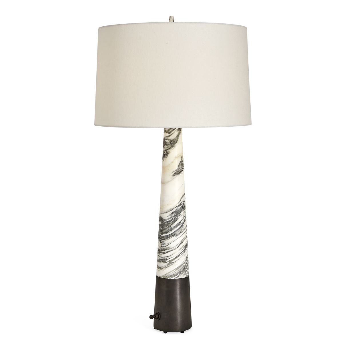 Atelier Table Lamp with tall Arabescato marble base, linen drum shade, and dark bronze dimmer base – refined sculptural lighting by Rachel Blindauer