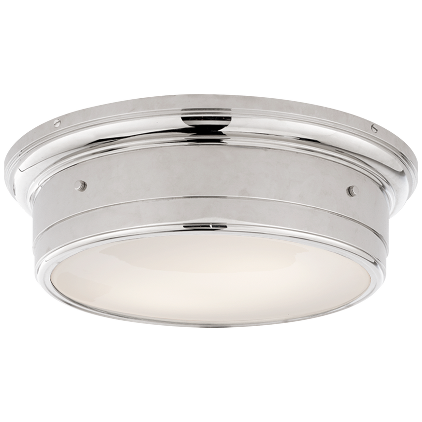 Low-profile flush mount with white glass diffuser and brass frame, casting a soft glow with sculptural elegance for ceilings under 9 feet.