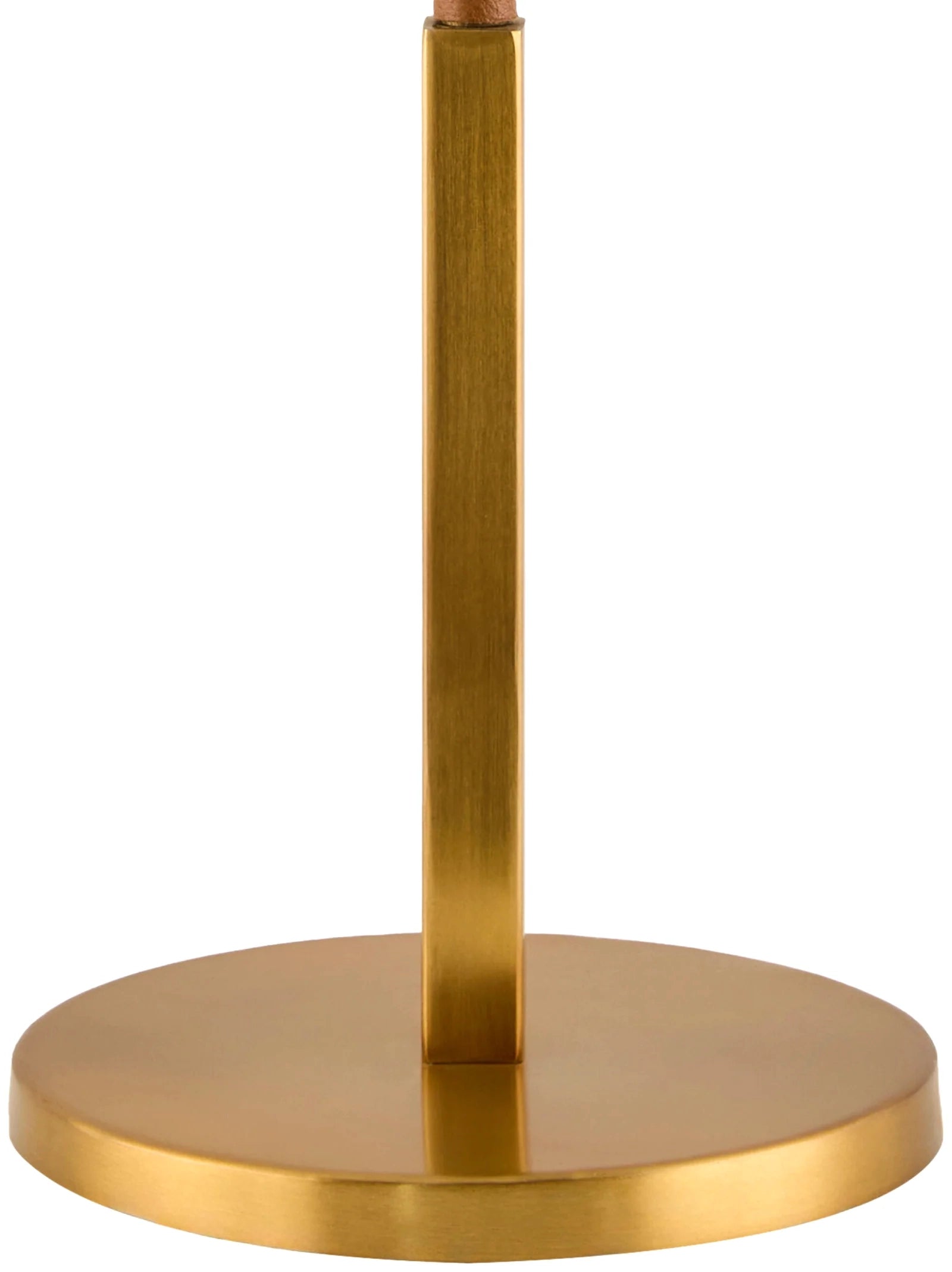 Antiqued gold mid-century table lamp with white cotton shade and slender tapered silhouette