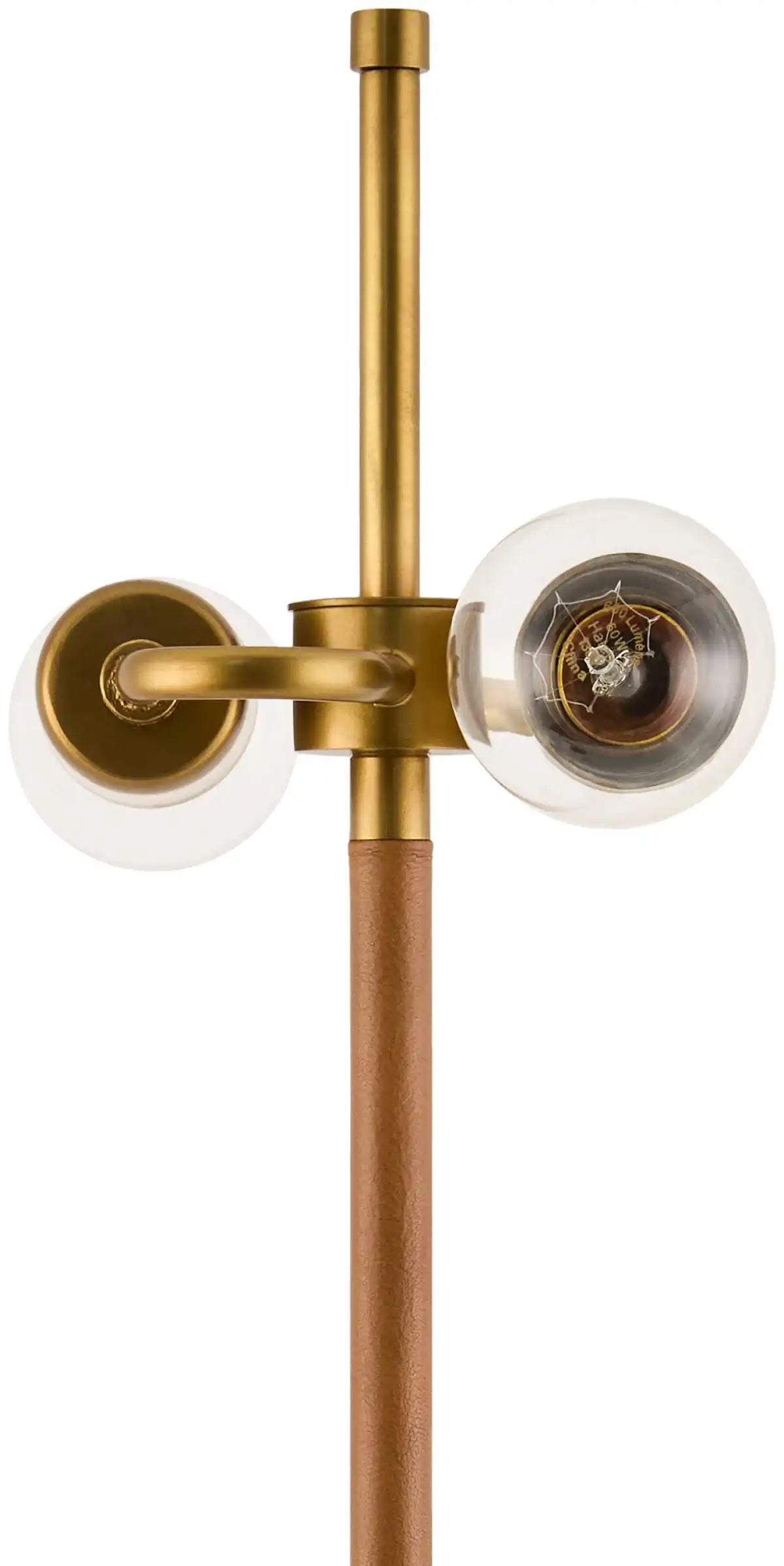 Aurelia Table Lamp — close-up of antiqued brass globe socket hardware and leather-wrapped stem, mid-century modern table lamp, one of Rachel Blindauer's favorites