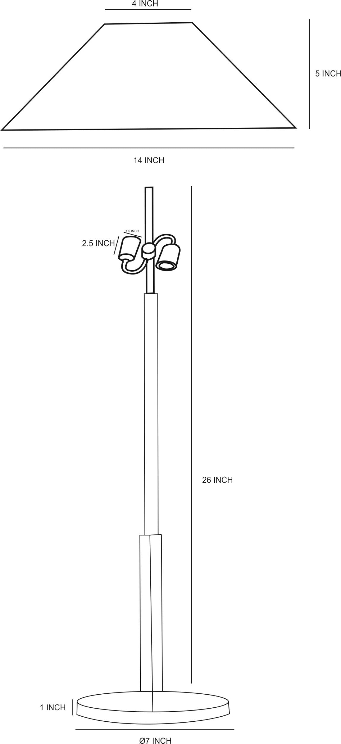 Aurelia Table Lamp — dimensions diagram showing 26" height, 14" shade width, mid-century modern table lamp, one of Rachel Blindauer's favorites