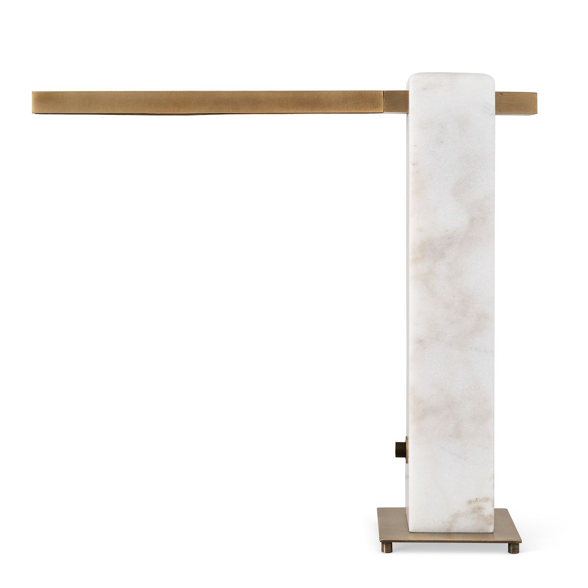 Modern table lamp with honed white marble base, antique brass arm, and pivoting LED light—sculptural and dimmable for desks, bedsides, or living spaces.