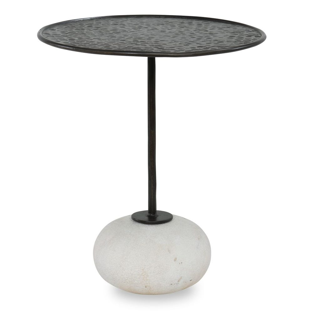 Sculptural accent table with weathered metal top and stone base – Rachel Blindauer