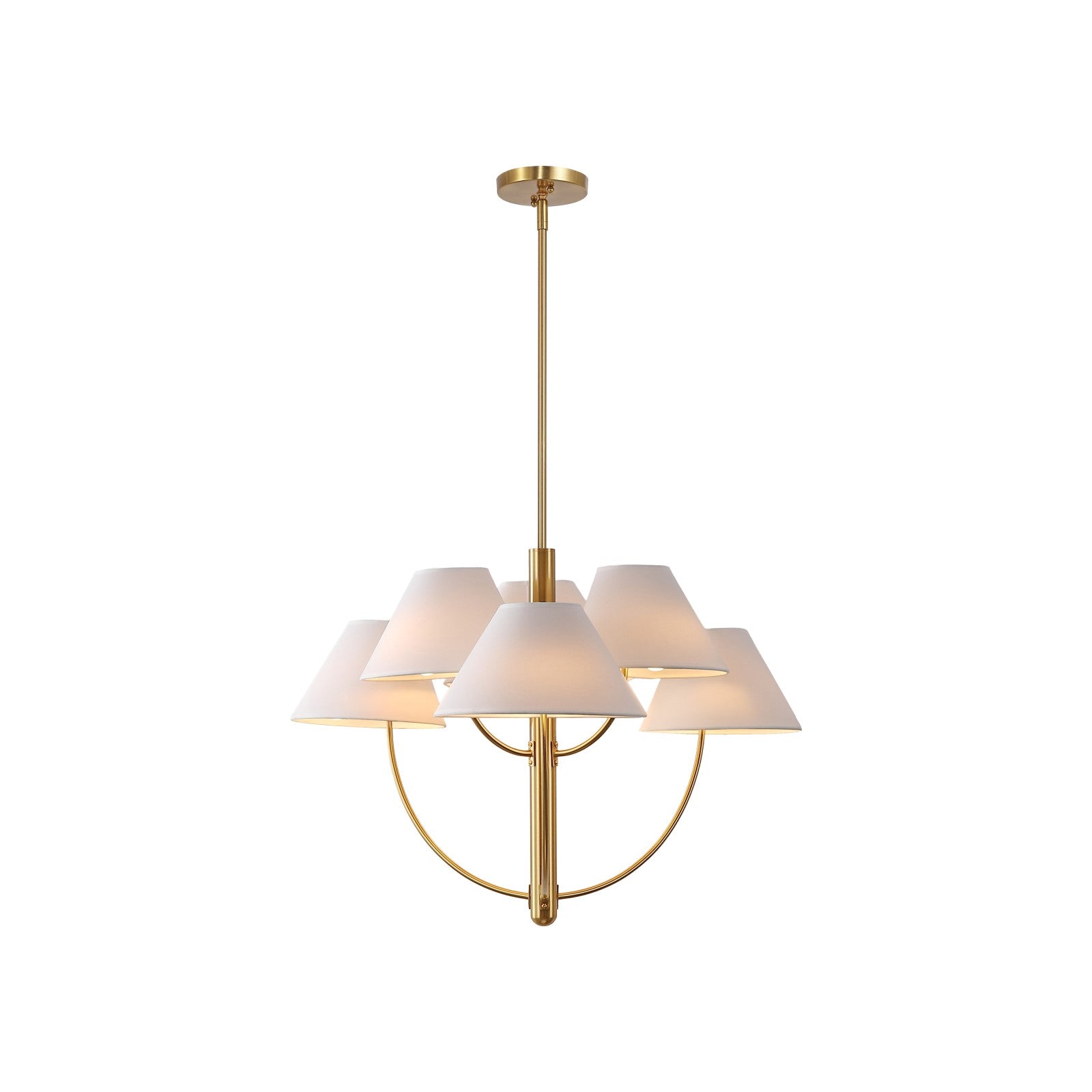Bellcourt Brass Chandelier styled over a dining table, adjustable brass chandelier by Rachel Blindauer