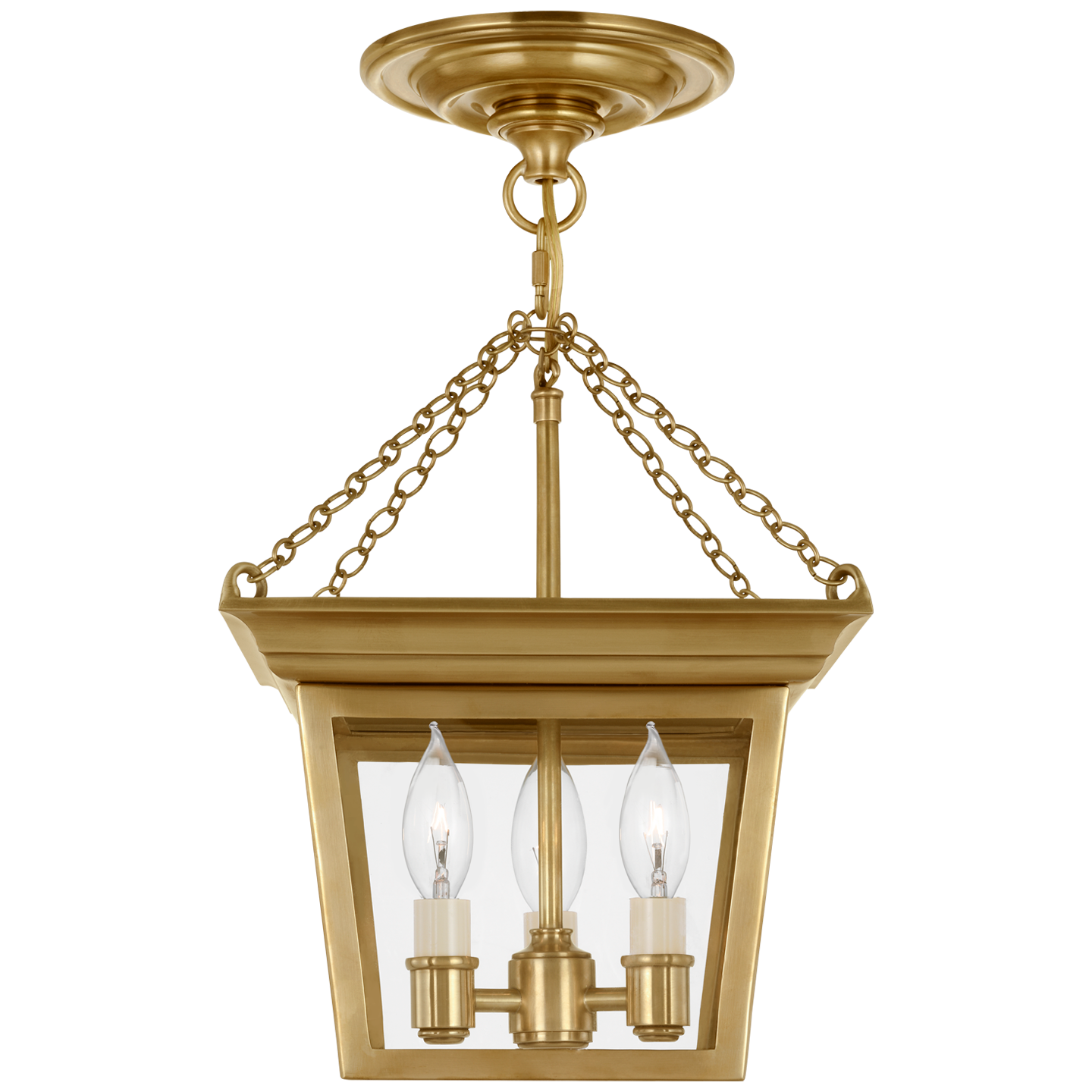 Neoclassical semi-flush lantern with antique brass finish, vertical lines, and candelabra-style bulbs for elegant ceiling illumination.