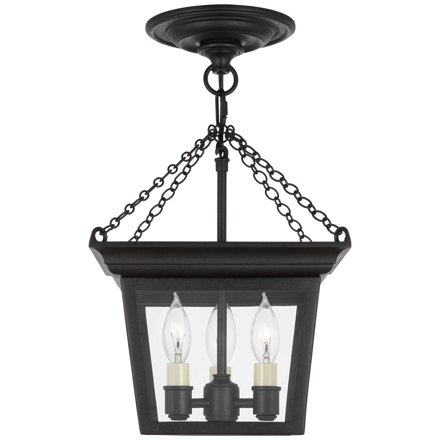 Neoclassical semi-flush lantern with antique brass finish, vertical lines, and candelabra-style bulbs for elegant ceiling illumination.