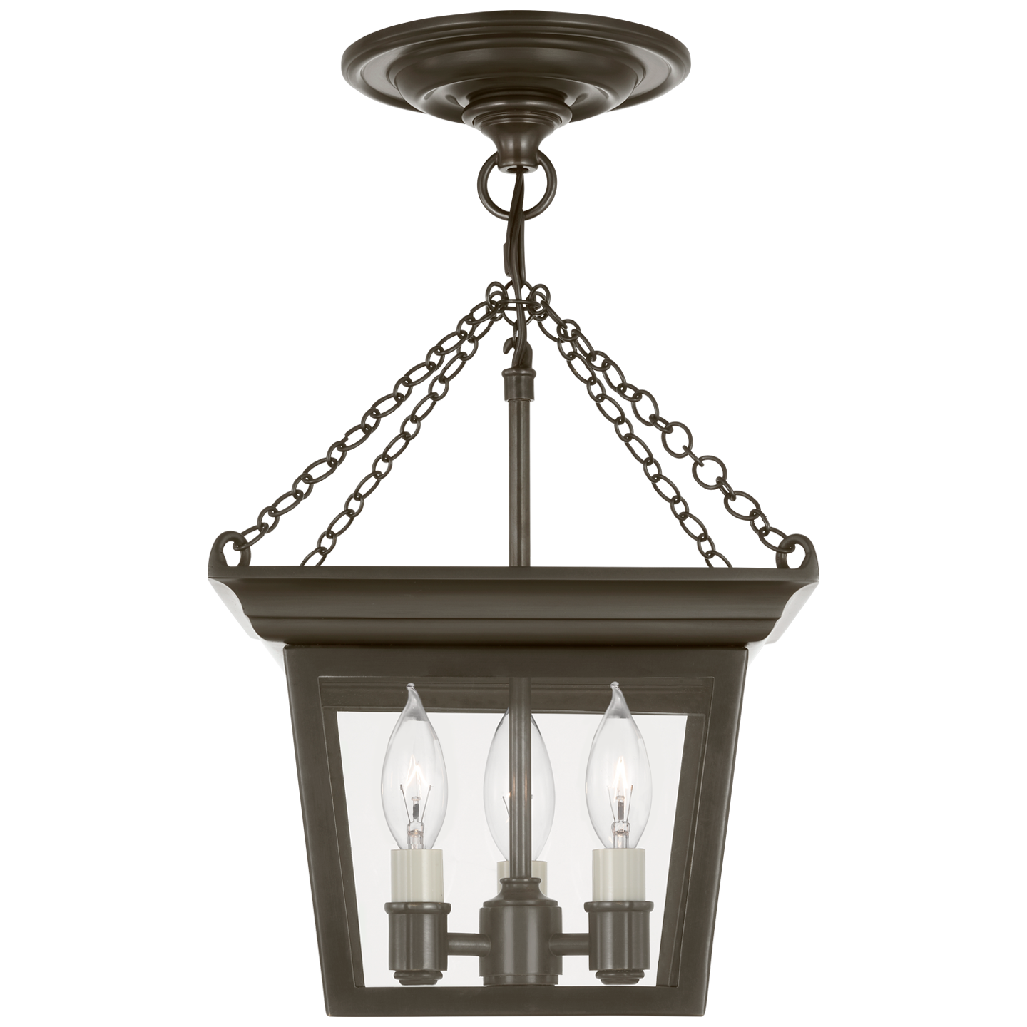Neoclassical semi-flush lantern with antique brass finish, vertical lines, and candelabra-style bulbs for elegant ceiling illumination.