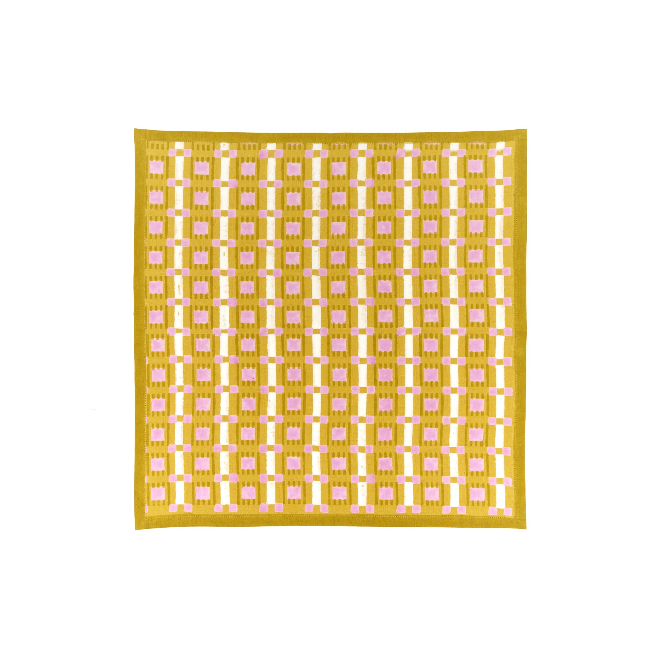 Hand block printed plaid napkin in terracotta, blush, and sand on linen-cotton blend