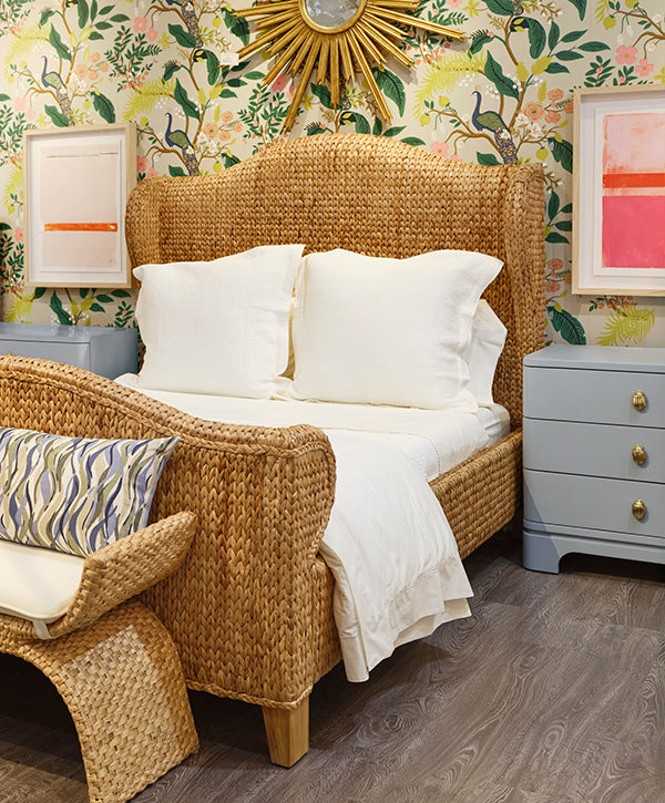 Light blue lacquered nightstand with soft curves and three drawers, featuring a whimsical brass beetle knob—perfect for modern bedrooms with personality.