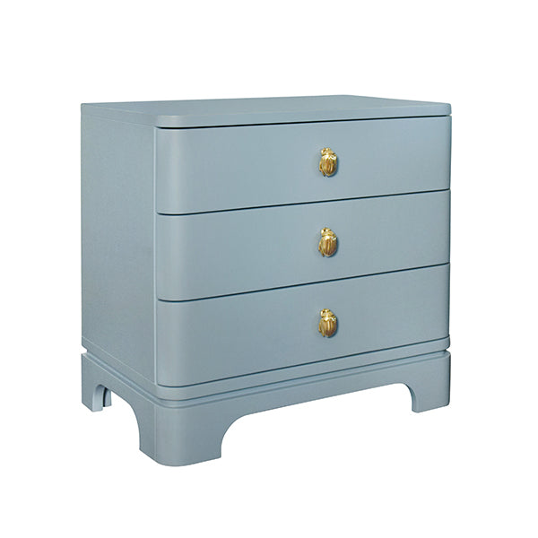 Light blue lacquered nightstand with soft curves and three drawers, featuring a whimsical brass beetle knob—perfect for modern bedrooms with personality.