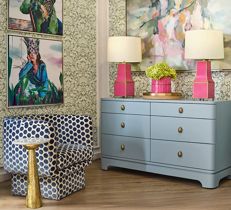 Light blue lacquered six-drawer chest with rounded corners and polished brass beetle knobs, ideal for modern, palm springs or mid-century inspired interiors.