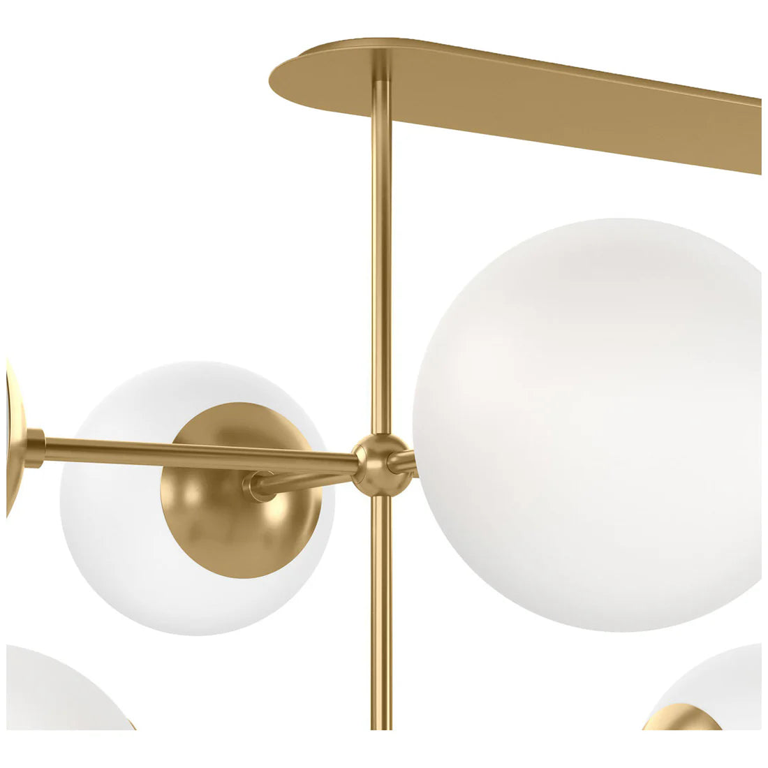 Modern linear chandelier with hand-blown glass globes and sculptural brass rods, ideal for dining rooms, islands, or dramatic entryways.