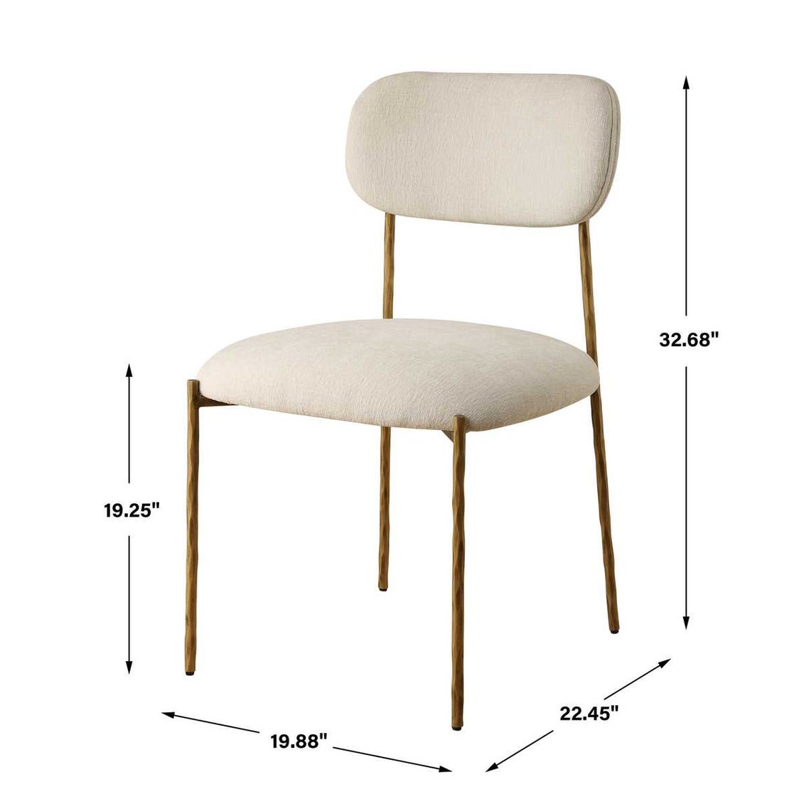 Sculptural iron dining chair with antique gold finish and floating off-white upholstered backrest with gold legs and dimensions labeled on a white background