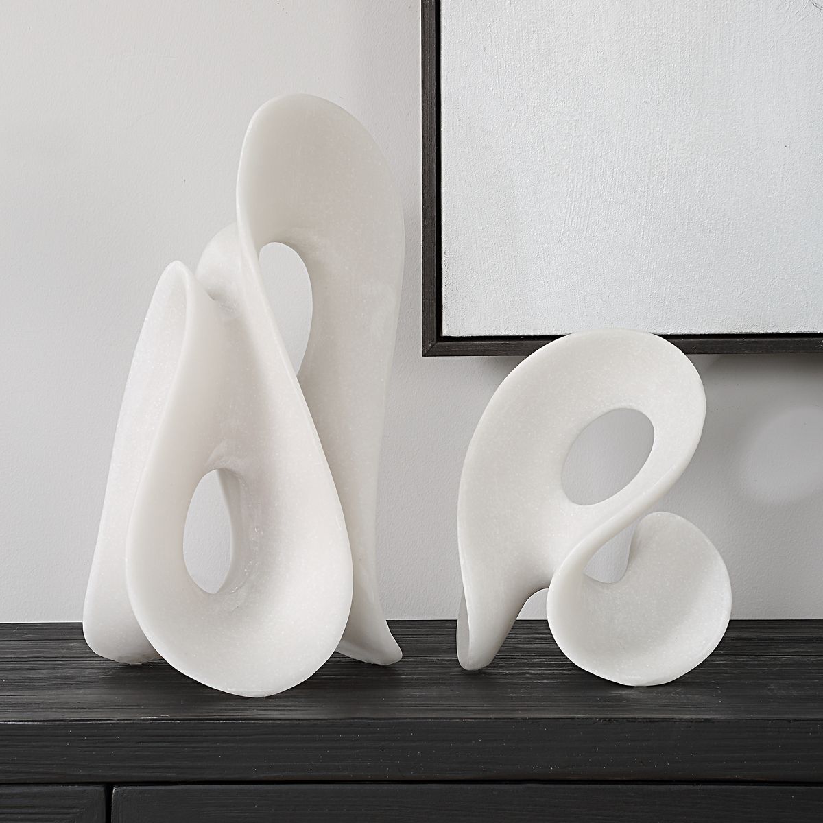 Set of two white matte sculptural decor pieces with curved, hollowed shapes inspired by Thassos marble – Contour Forms by Rachel Blindauer