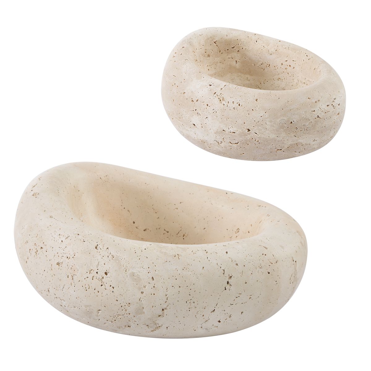 Hand-carved travertine bowls with organic curves and natural veining, designed as sculptural accents for coffee tables, consoles, or bookshelves.