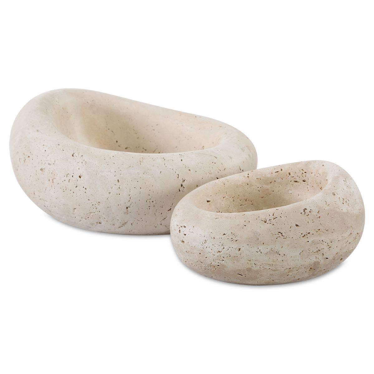 Hand-carved travertine bowls with organic curves and natural veining, designed as sculptural accents for coffee tables, consoles, or bookshelves.