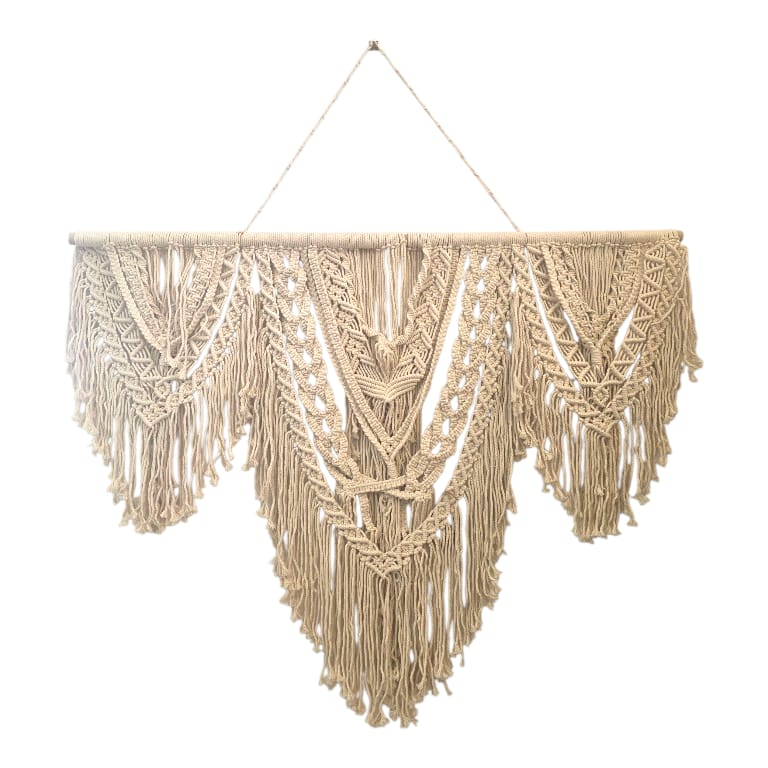 Drift Weave Macramé Wall Hanging — oversized natural rope macramé with cascading fringe and intricate knotted pattern on white background, one of Rachel Blindauer's favorites
