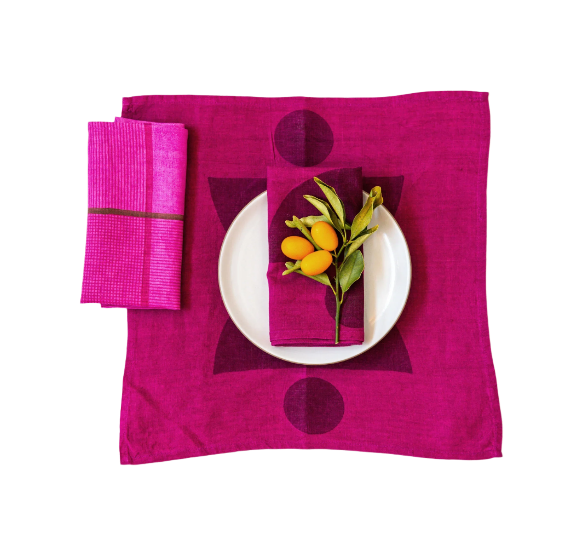 Plum Belgian linen napkin hand block printed with artisan detail and rich texture