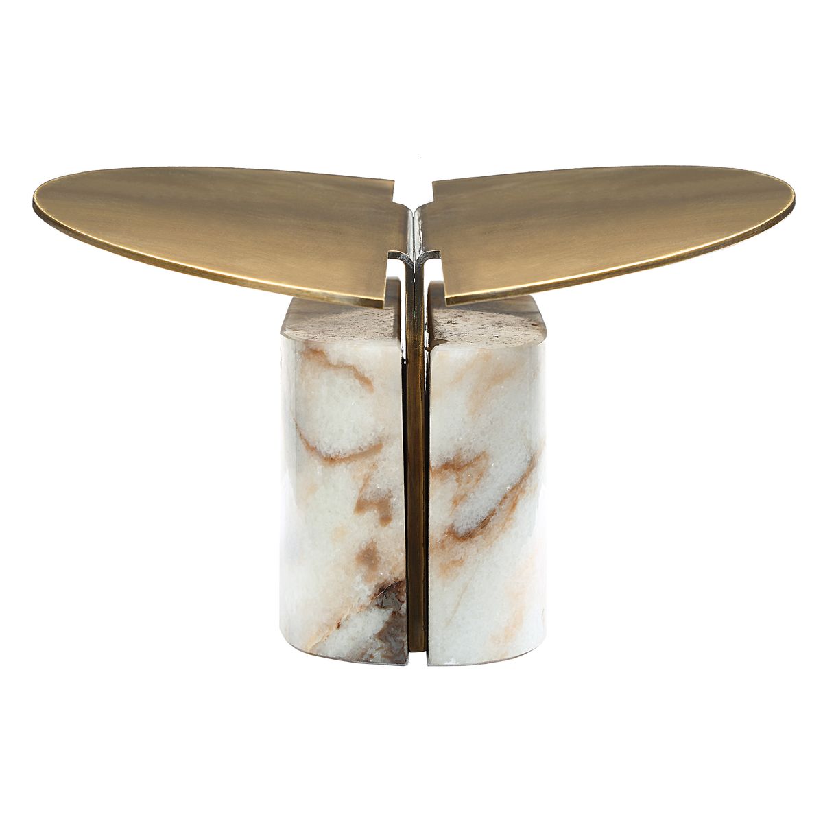 Eclipse Plinth Vessel with twin brass arcs and honed marble base, styled as a sculptural modern centerpiece on a console.