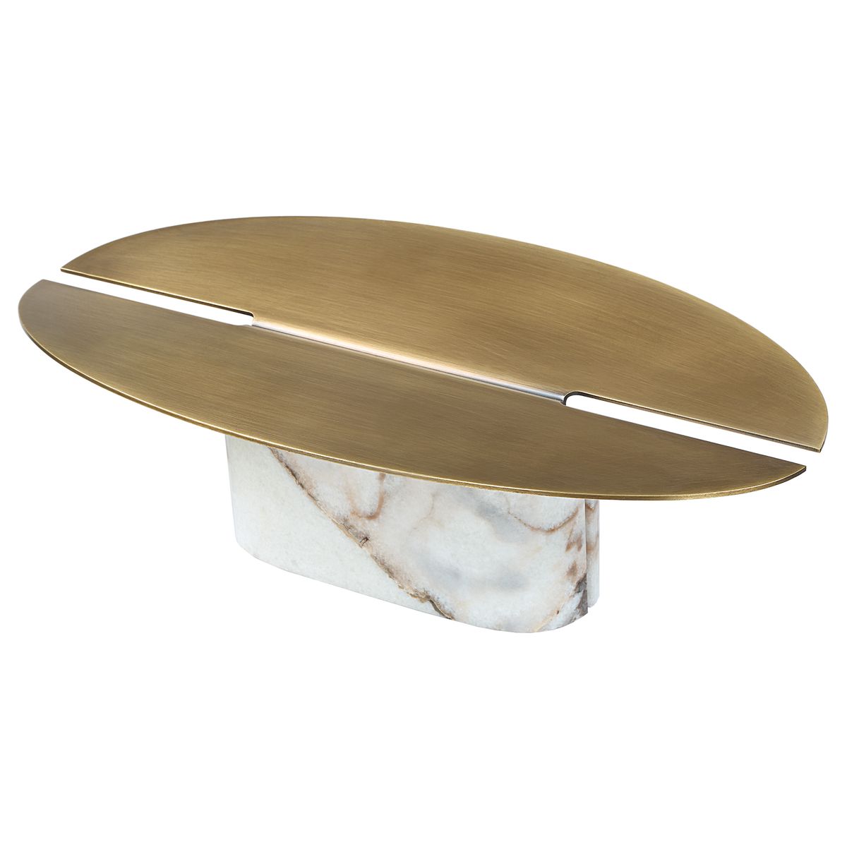 Eclipse Plinth Vessel with twin brass arcs and honed marble base, styled as a sculptural modern centerpiece on a console.