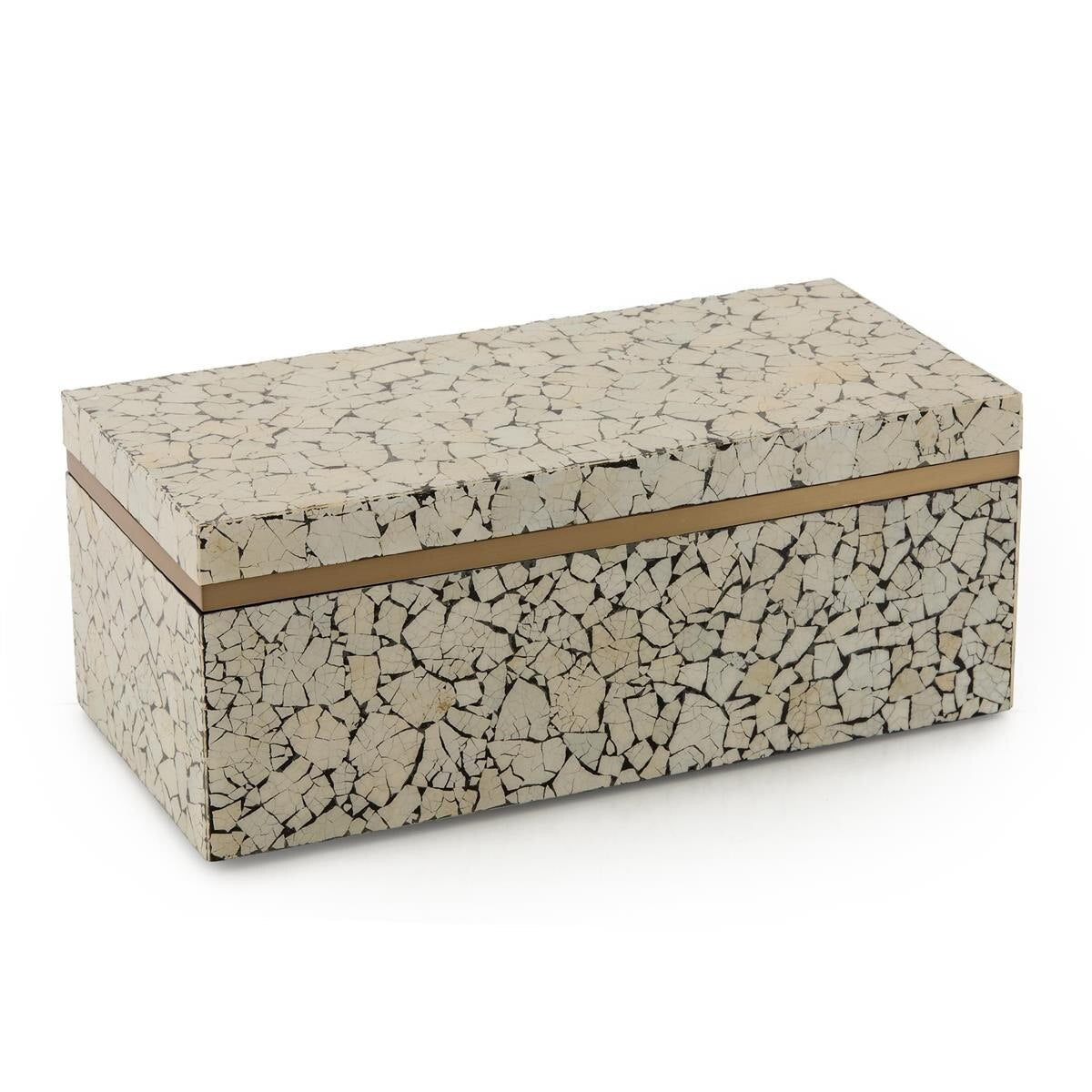 Eggshell Mosaic Box with hand-placed eggshell fragments and brass trim