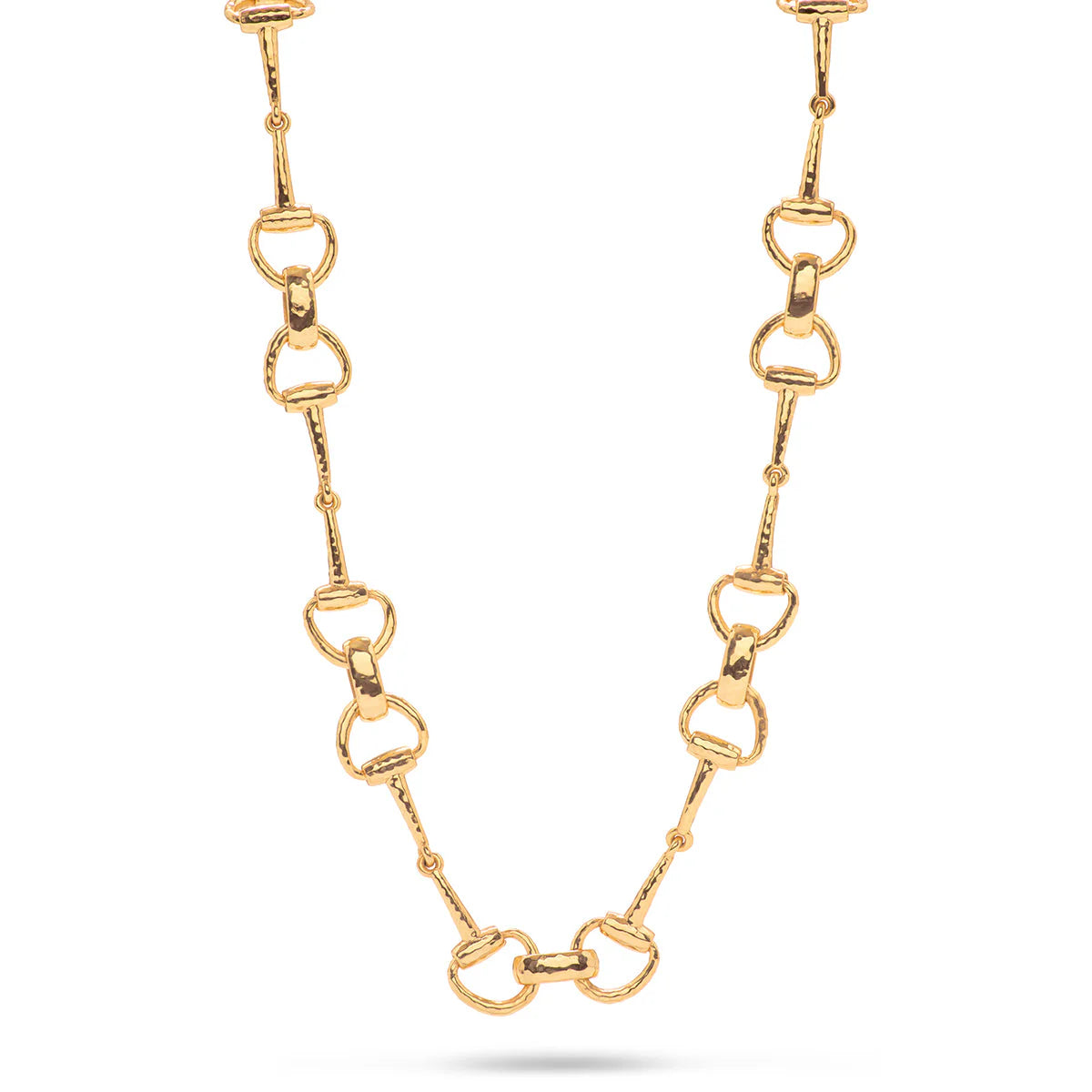 Gold-plated equestrian-inspired collar necklace with interlocking snaffle bit links, handcrafted and rich in heritage symbolism.