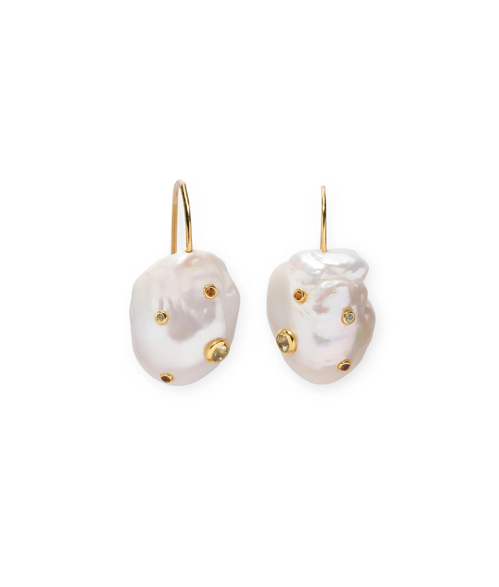 Baroque pearl drop earrings with gold-plated sterling silver and multicolored semiprecious stones