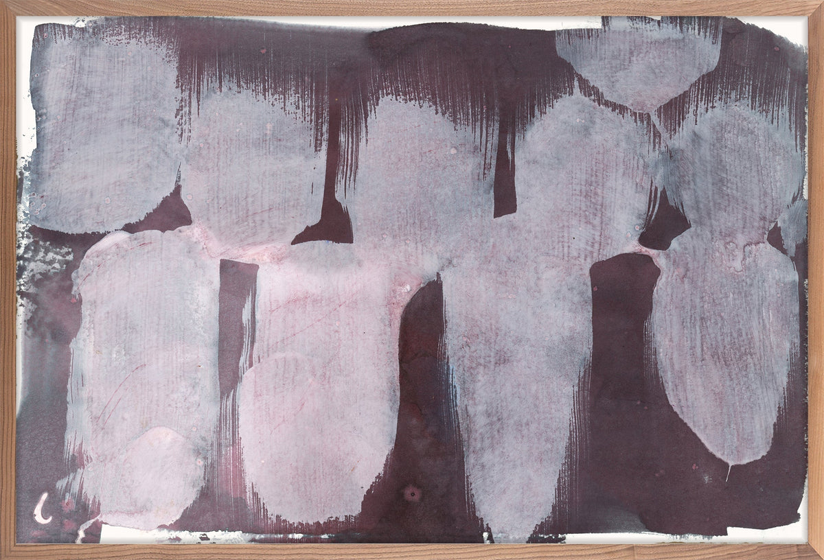 Large abstract painting in warm garnet and plum tones, horizontal format