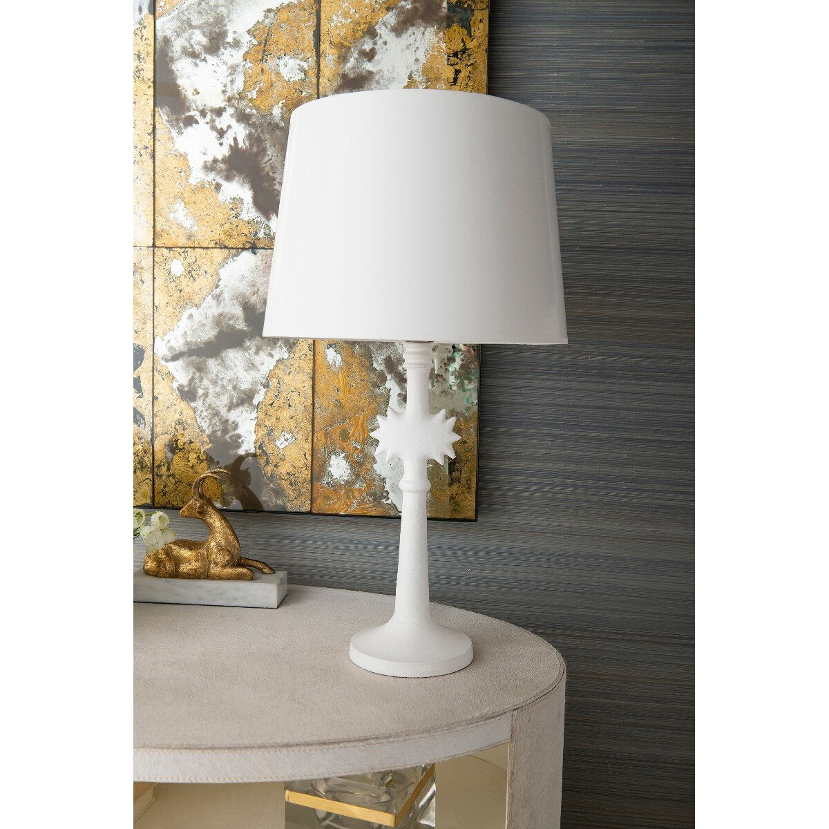 Halcyon Table Lamp Base scale view — 27 inch sculptural sun-motif lamp base, coastal and bohemian lighting by Rachel Blindauer