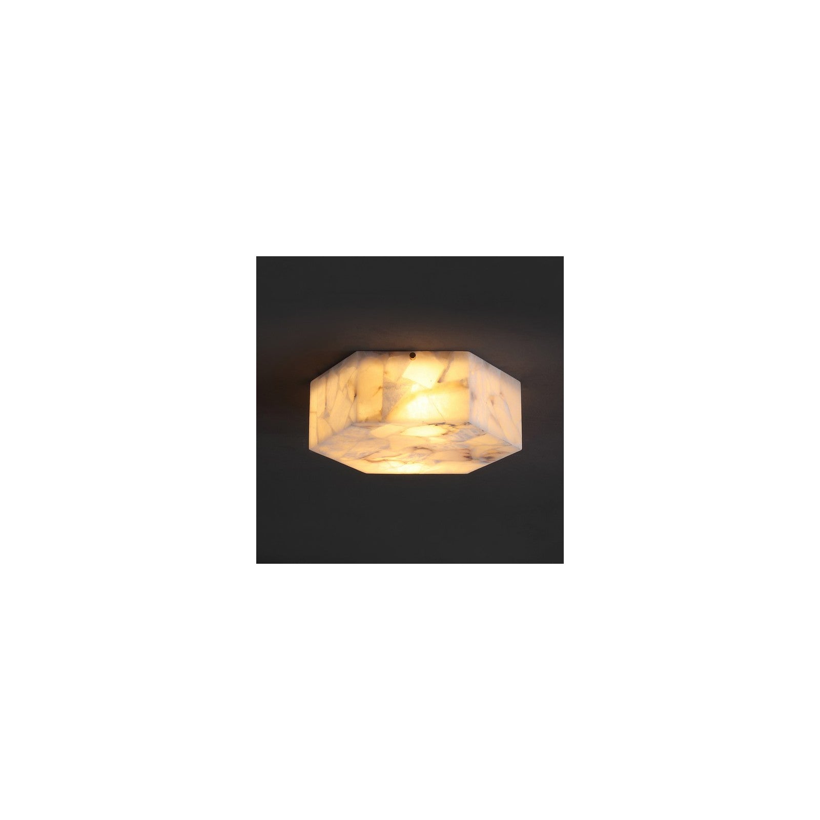 Halo Alabaster Flush Mount styled in a hallway ceiling, by Rachel Blindauer