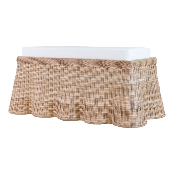 Scallop-edged wicker dining bench in natural rattan – Rachel Blindauer