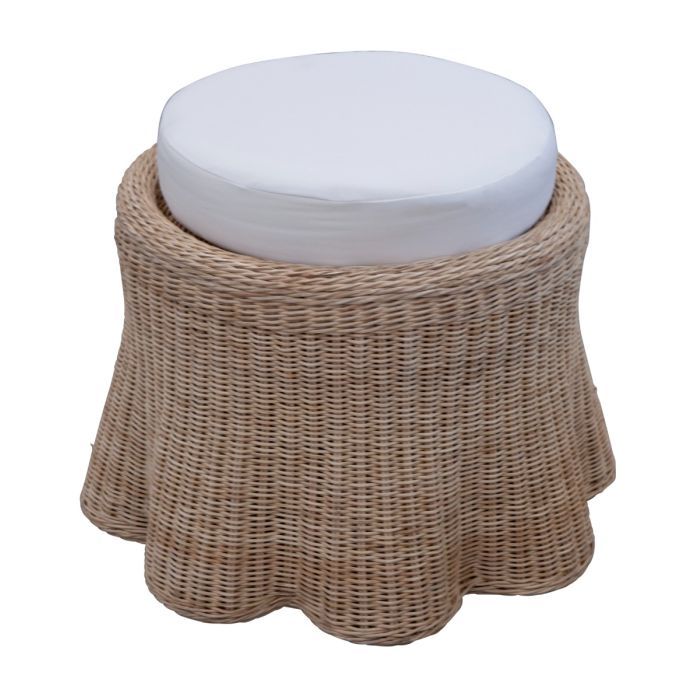 Natural wicker scalloped stool with upholstered cushion, ideal as a vanity seat or accent ottoman.