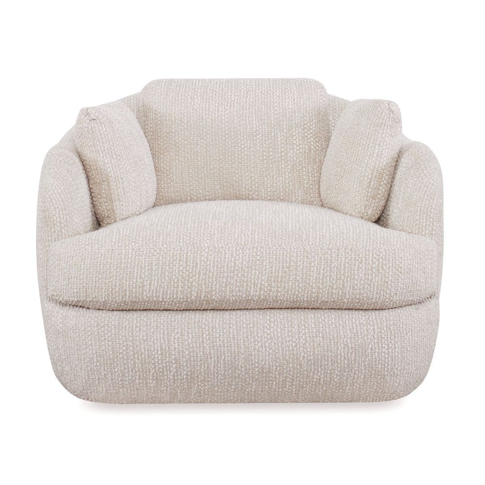 Modern swivel lounge chair upholstered in soft chenille with wide seat, scooped arms, and a rounded silhouette, styled for cozy, quiet luxury.