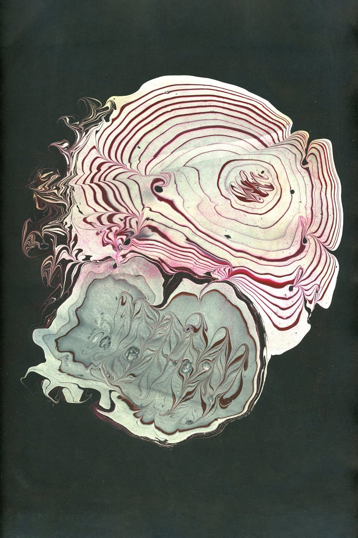 Unframed vertical abstract ink-marbled painting in cobalt and black