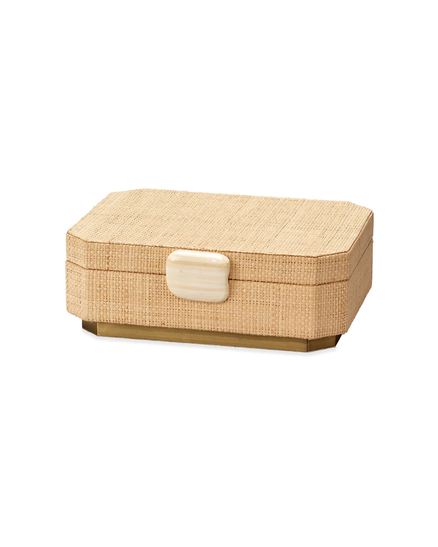 Handwoven raffia box with ox bone trim and ultrasuede-lined interior for elegant storage