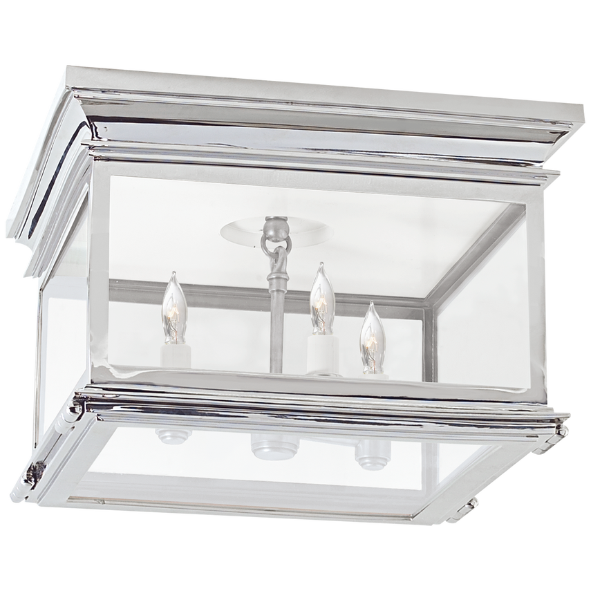 Square flush mount ceiling light with clear glass and antique brass finish for timeless modern interiors.