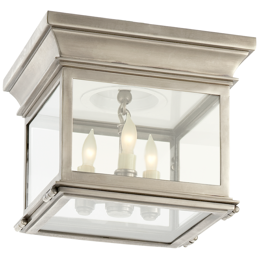 Hudson Small Square Flush Mount light with Antique Nickel frame and clear glass panels, shown ceiling-mounted in a hallway.