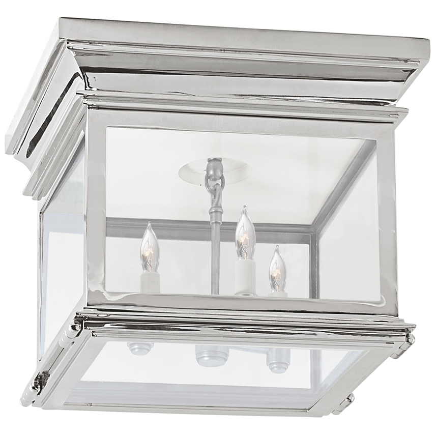 Hudson Small Square Flush Mount light with Polished Nickel frame and clear glass panels, shown ceiling-mounted in a hallway.