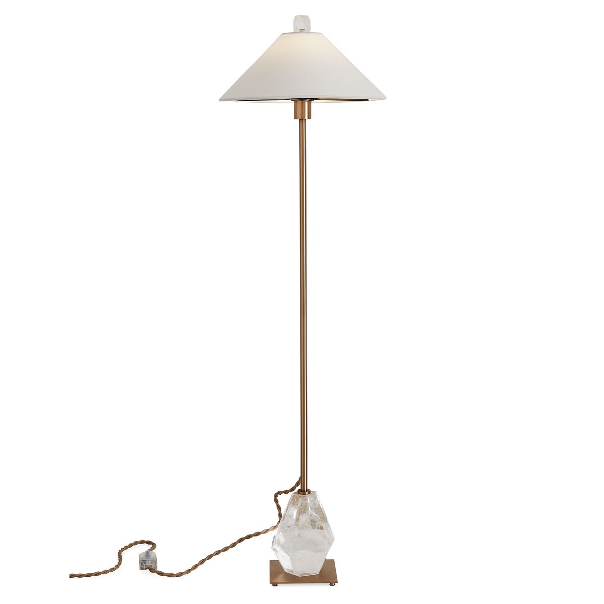 Tall buffet lamp with faceted quartz-inspired brass base and white linen drum shade, ideal for dining rooms, consoles, and sideboards