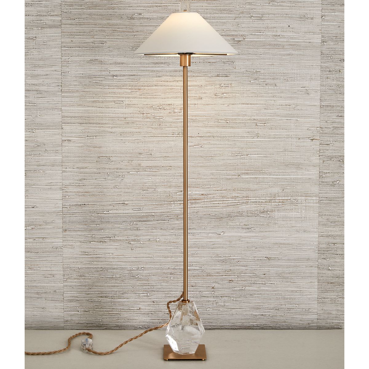 Tall buffet lamp with faceted quartz-inspired brass base and white linen drum shade, ideal for dining rooms, consoles, and sideboards
