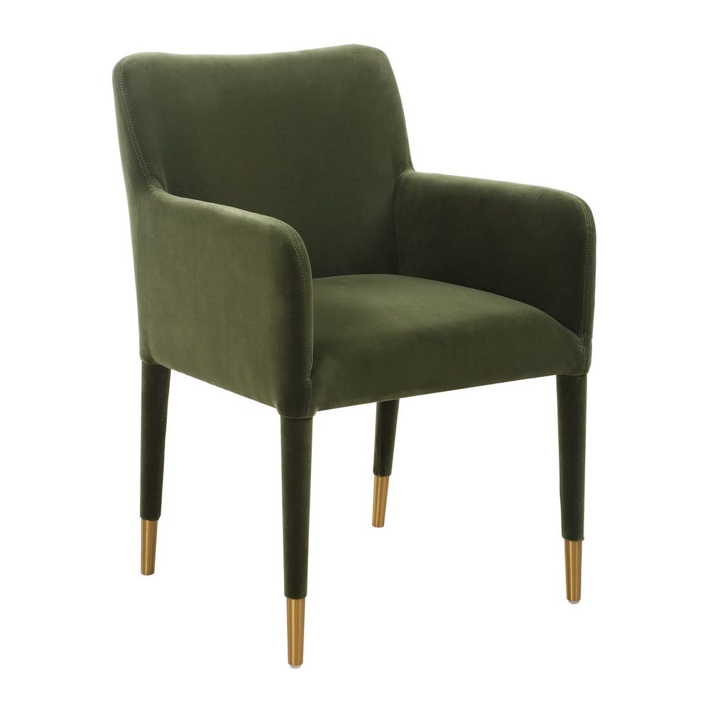 Moss green velvet dining arm chair with tailored silhouette and brushed brass leg caps, styled for modern elegant interiors.