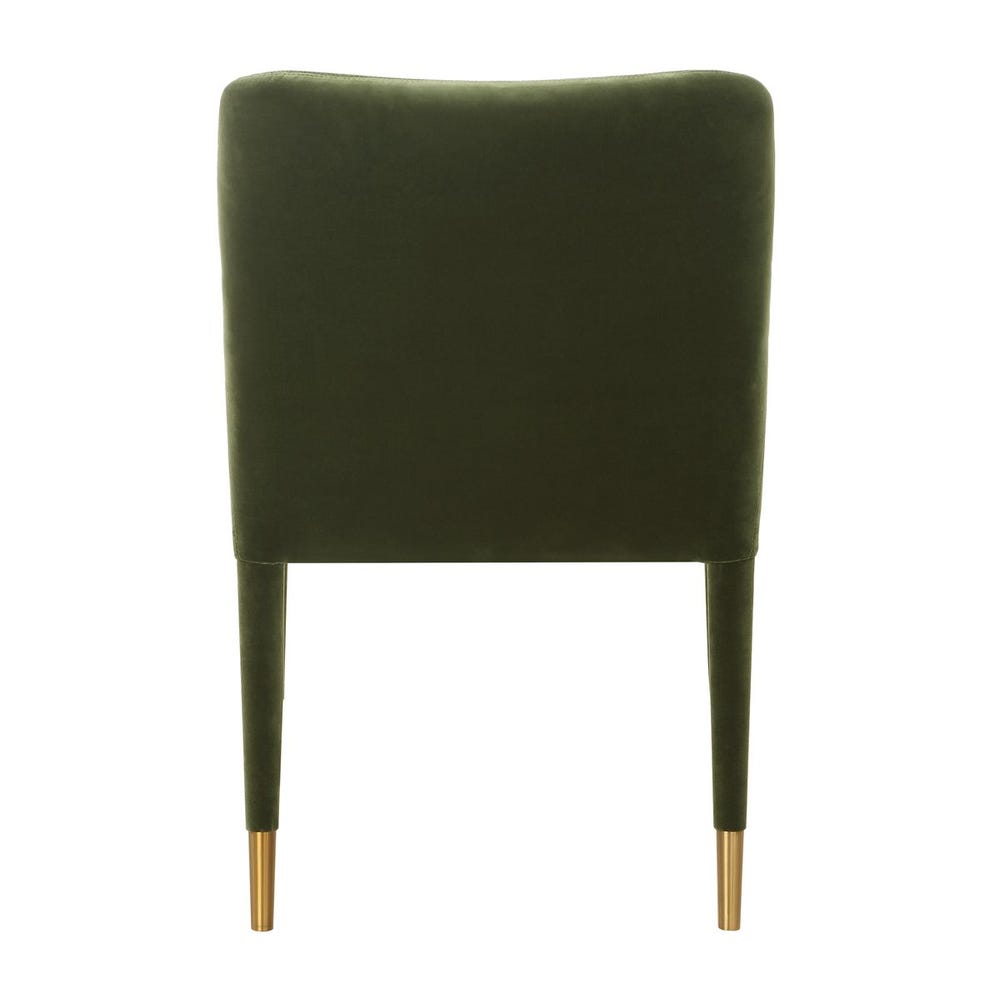 Moss green velvet dining arm chair with tailored silhouette and brushed brass leg caps, styled for modern elegant interiors.