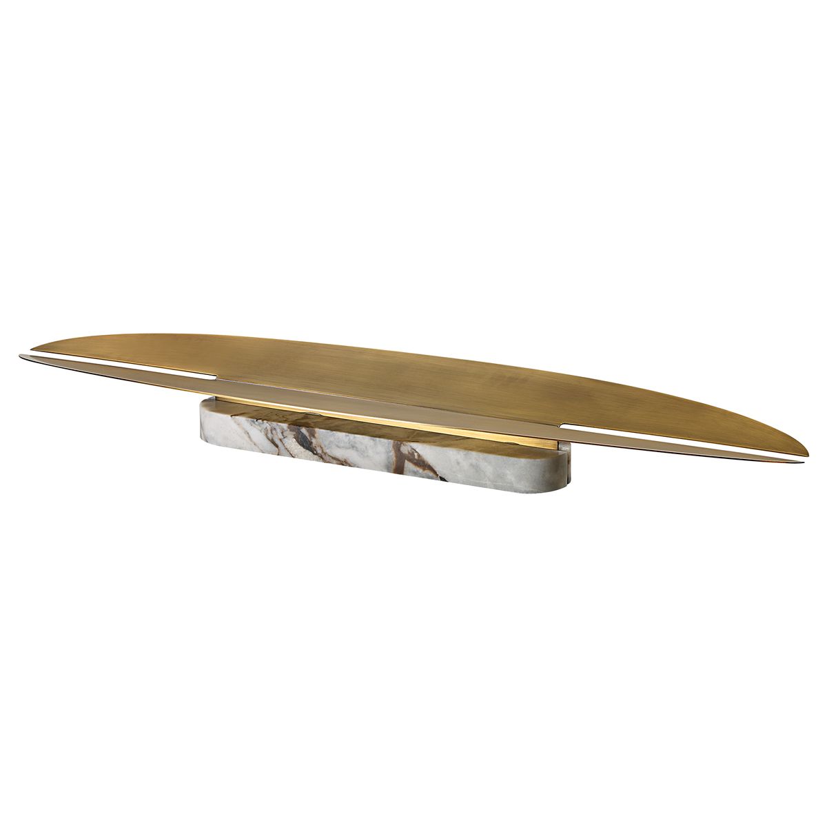 Linea Arc Vessel with matte brass top and honed marble base, styled as a sculptural centerpiece on a modern console.